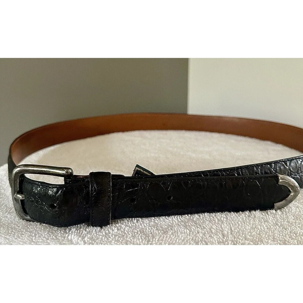 COLE HAAN LEATHER Crocodile Textured Black Belt Solid Brass Buckle ITALY 42